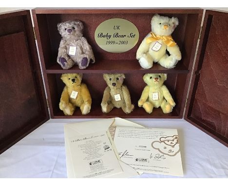 Steiff UK Baby Bear Set 1999-2003, ean &nbsp;662225. five mohair bears each with button and tag, presented in wooden display 