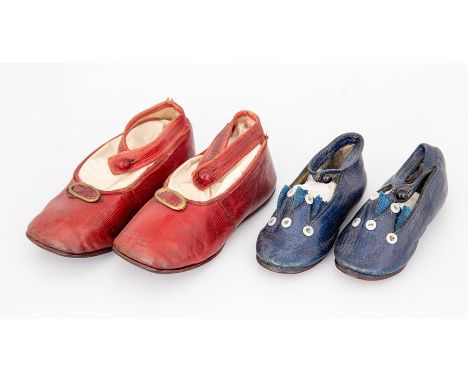 &nbsp;Navy leather ankle unusual babies shoes, likely to have been unworn, 5 pearl button detail strap, 1840 to 1850, togethe