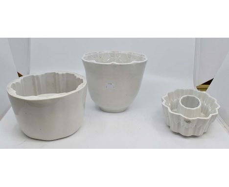 Three various Victorian ceramic jelly moulds, one by Shelley, one with a registration mark to the underside, various shapes