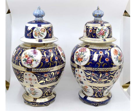 A pair of early 20th Century decorative lidded vases along with matching planter with detail transfer decoration (AF)