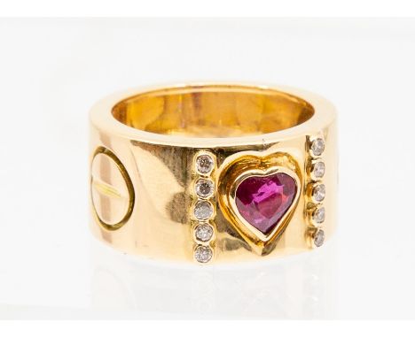 A ruby and diamond 18ct gold ring, the heart cut ruby rub-over set to the centre, measuring approx. 5.8mm x 6.3mmx 3.7mm, wit
