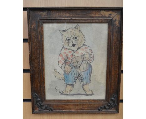 In the manner of Louis Wain, watercolour of a cartoon cat, 24 x 20 cm, framed and glazed, signed Louis Wain l l.