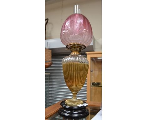 Victorian brass and cut glass oil lamp with etched ruby glass shadeCR: No apparent signs of damage.
