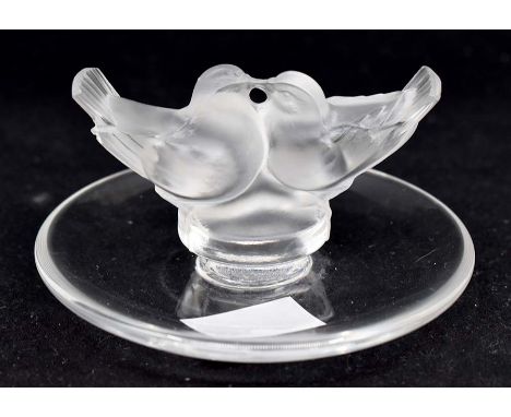 A late 20th Century Lalique small glass paperweight, with two love bird figures. Lalique mark to base.CR; no chips or cracks