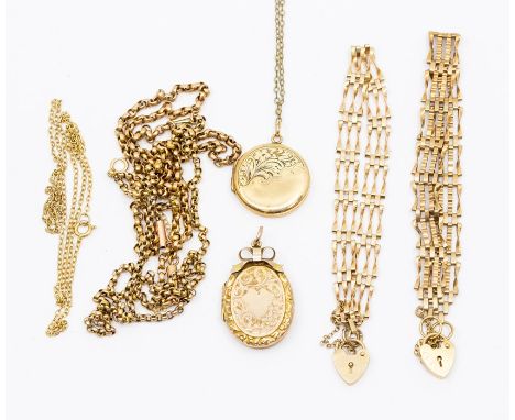 A collection of gold jewellery to include three 9ct gold chains, two 9ct gold gate bracelets, 20gms along with two 9ct gold f