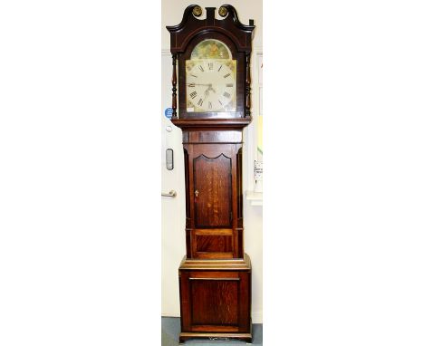 A George III oak and mahogany longcase clock, white enamelled dial, Roman numerals, swan neck pediment, with brass finials, 3