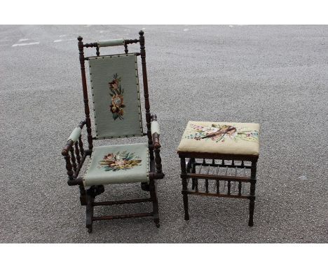 A late Victorian woolwork upholstered rocking chair, having spindle gallery arm supports, with a matching piano stool with a 