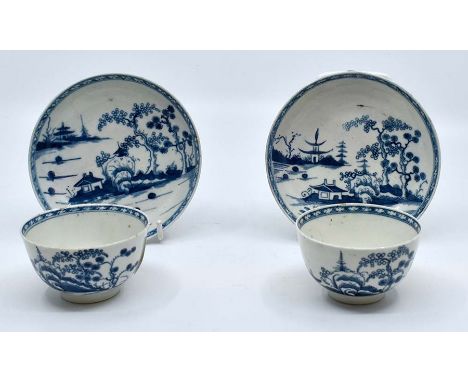 A pair of mid 18th Century blue and white Worcester tea bowls and saucersCR; slight chips to rims but no hair lines, saucers 