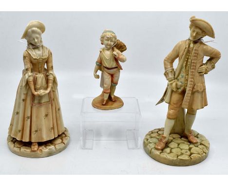 Three blush Royal Worcester figures, including a pair of lady and gentlemen on cobbles 1052 along with a small boy carrying w
