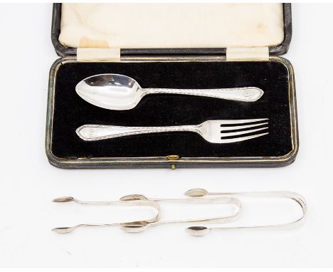 A cased silver spoon and fork set by Cooper Brothers &amp; Sons, Sheffield 1928 &amp; 1929 along with three pairs of sugar to