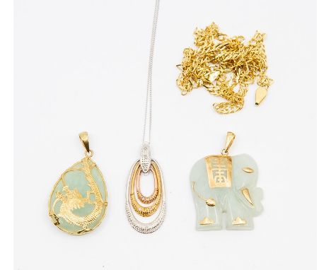 Two nephrite jade and 9ct gold pendant, comprising a stylized elephant with applied gold decoration, size approx 23mm x 25mm 