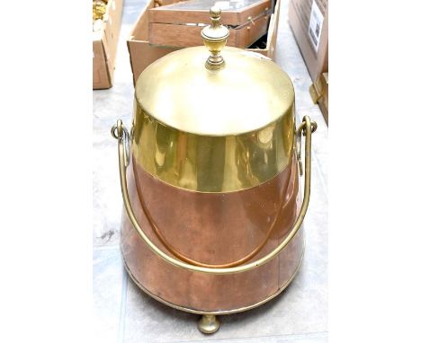A collection of metal ware to include copper, coal buckets, scuttle, lamp, old locks and a type writer in case