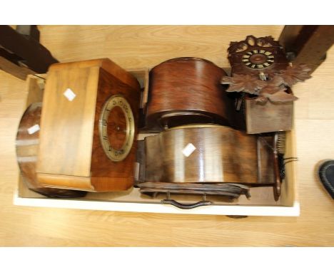 A collection of spare and repair 1930/1950's wooden mantel clocks including cuckoo clocks