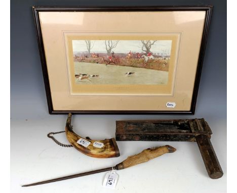 A Cecil Aldin coloured print, The Blackmore Vale, a Scottish horn flask, 24 cm, a rattle and a hoof button hook (4)button hoo