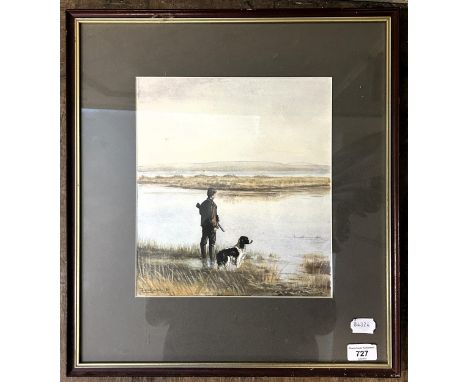 Jay Wilkinson, a man with shotgun and dog, watercolour, signed and dated '81, 30 x 25 cm 
