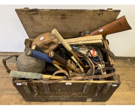 A vintage football, and assorted sporting items (trunk) 