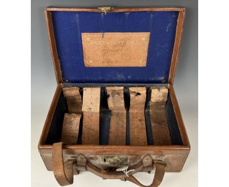 An Army & Navy leather cartridge case, 39 cm wideTop monogrammed JHA, variation of colour, interior very worn, see images 