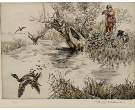 Henry Wilkinson, duck hunt, limited edition print, 1/25, signed, 24 x 29 cm 