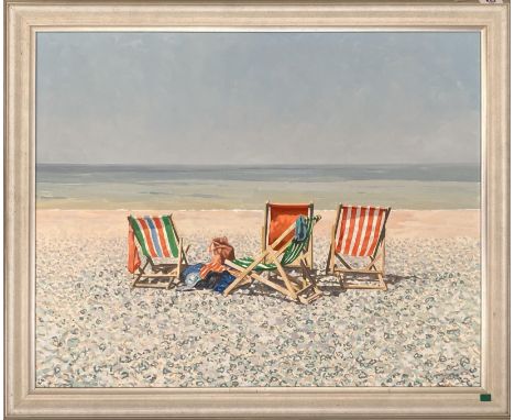 J R Sanders, deck chairs on a beach, oil on canvas, signed, 58 x 73 cm 