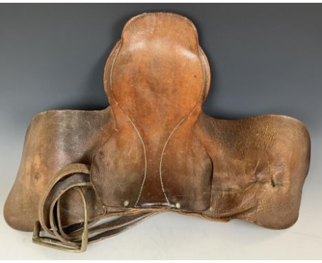 A vintage saddle, a gun case and assorted sporting items (qty) 