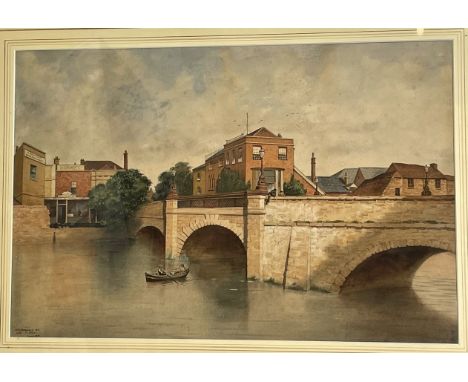 W R Hawkins, landscape with a bridge, watercolour, signed, and dated 1911, 34 x 52 cm 