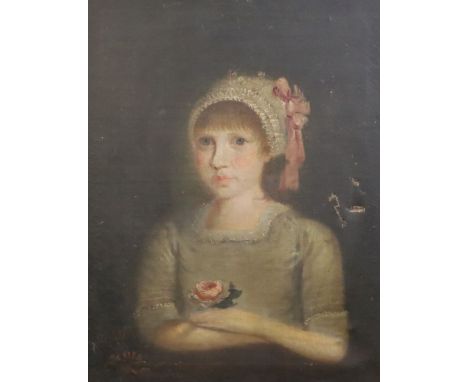 Early 19th century Continental School, possibly Americanoil on canvasPortrait of a girl holding a rose24 x 19in.
