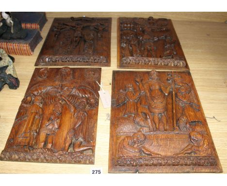 A set of four 19th century Continental relief carved oak religious plaques, depicting biblical scenes, 38 x 29cm Condition:- 