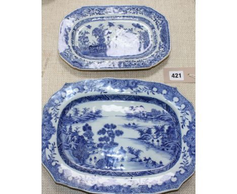 Two 18th century Chinese blue and white octagonal meat plates, 25cm and 31cm, a circular plate decorated with warriors, 25cm,
