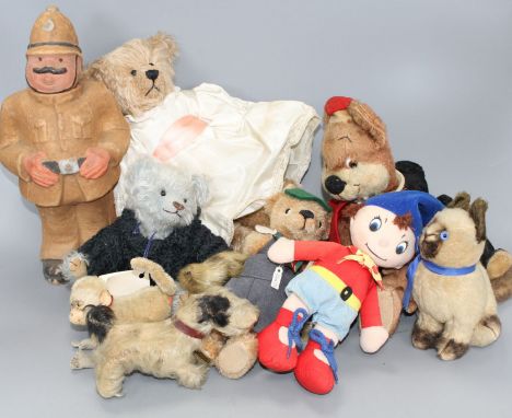 Noddy and Knoll bears, Merrythought Vintage Siamese cat, a Steiff monkey and Carobard character Policeman Nodding and others 