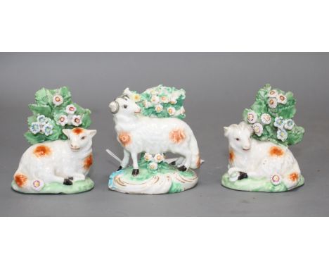 Three Derby figures of two rams and a ewe, late 18th century, each standing before bocage, patch marks, typical small losses 