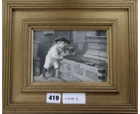 English School, c.1900, oil on board, monochrome original book illustration, boy and pug dog looking in a trunk, 12 x 17cm