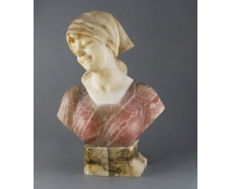 G. Pineschi (Italian c.1900). A carved alabaster and rose quartz bust of an Italian woman, signed, with variegated alabaster 