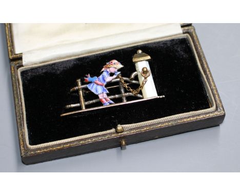 An early 20th century mixed metal, enamel and mother of pearl set 'Kate Greenaway' brooch, in fitted box, 52mmCondition: A fe