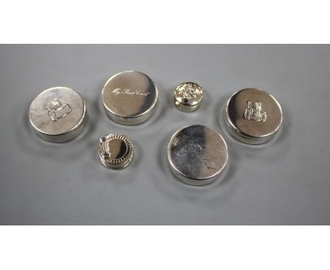 Six modern silver 'tooth fairy' circular boxes, including two 'My First Curl' boxes and one surmounted with a steam engine, l