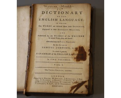 Johnson, Samuel - A Dictionary of the English Language, vol 1 of 2, 3rd edition, 8vo, calf, boards detached, loss to lower ri