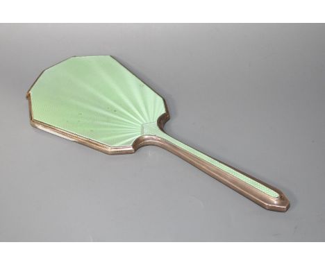 A George VI Art Deco silver and green guilloche enamel hand mirror, Albert Carter, Birmingham, 1937, 26.2cm Condition: A few 