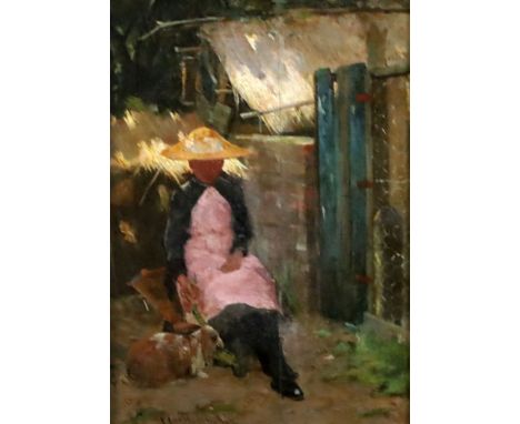 James Coutts Mitchie (1861-1919), oil on board, Garden scene with woman seated beside a rabbit, signed, 10 x 7in. Condition: 
