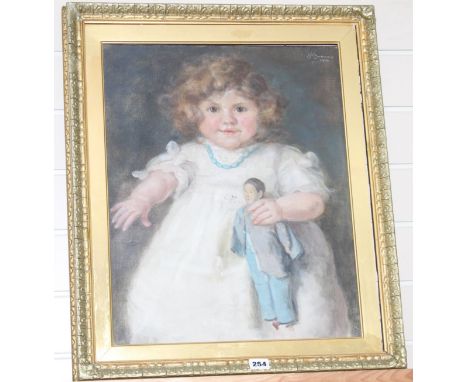 Emilie A. Browne (Exh 1881-1894) oil on canvas, Portrait of a girl holding a Japanese doll, signed and dated 1914, 50 x 40cm 