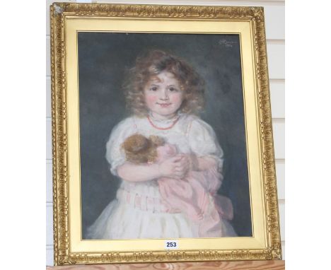 Emilie A. Browne (Exh 1881-1894) oil on canvas, Portrait of a girl holding a doll, signed and dated 1914, 50 x 40cm Condition