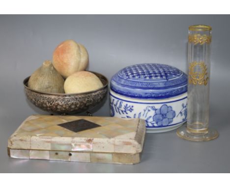 Three carved and painted hardstone fruits, 6cm, a mother of pearl overlaid case, a white metal bowl, a gilt glass vase and a 