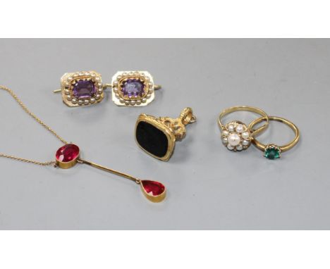 A pair of 20th century yellow metal (stamped 18c) and paste set earrings, a pink paste set drop pendant, a yellow metal and g