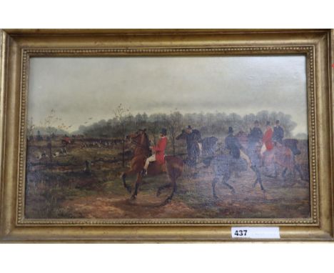 S. Martin, oil on canvas, Hunting scene, signed and dated 1880, 29 x 50cm Condition: Old reline, rather dirty, fine craquelur