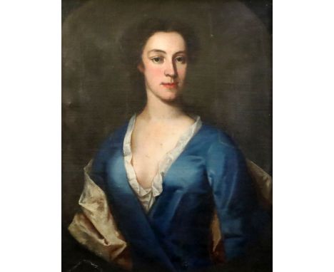 18th century English School, oil on canvas, Portrait of a lady wearing a blue dress, painted to the oval, 28.5 x 23cm