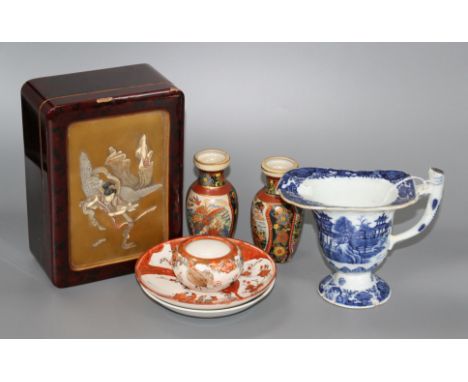 A Chinese blue and white jug, Japanese lacquer box and mixed Japanese ceramics Condition:- box with two chips to the top edge