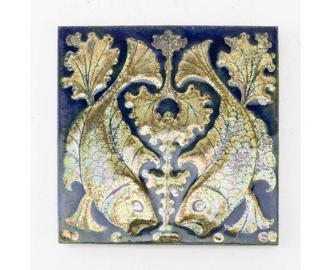 Attributed to PILKINGTON'S ROYAL LANCASTRIAN; a lustre tile, relief decorated with fish and seaweed, 15 x 15cm.Condition Repo