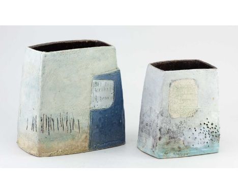 † CRAIG UNDERHILL (born 1968); a rectangular earthenware vessel with abstract decoration, incised signature, height 18.5cm, a