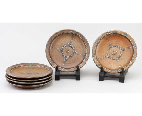 † TOFF MILWAY (born 1949); a set of six salt glazed side plates, impressed TOFF mark to one, diameter 18cm (6).Condition Repo