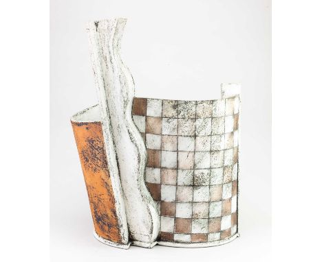 † JOHN HIGGINS (born 1947); a large abstract stoneware vessel covered in mottled white and terracotta slip decorated with a s