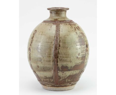 † JIM MALONE (born 1946); a large bulbous stoneware bottle covered in green ash and iron glaze with applied and impressed dec