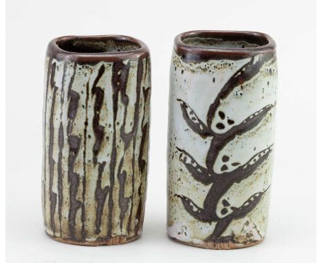 † DAVID LEACH (1911-2005) for Lowerdown Pottery; a cylindrical stoneware vase covered in dolomite glaze with floral decoratio